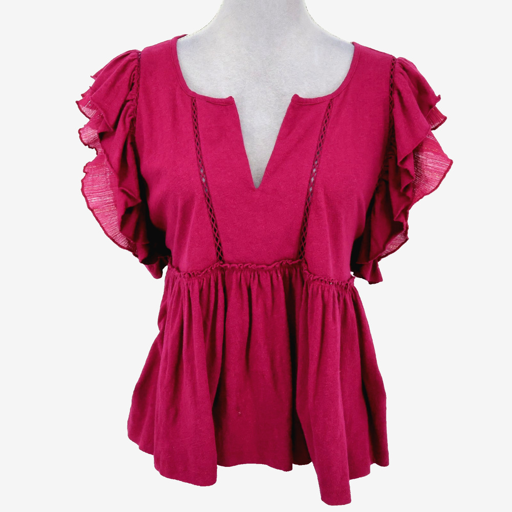 by Anthropologie Top Womens Medium Dark Pink Cotton Linen Babydoll Flutter Slv